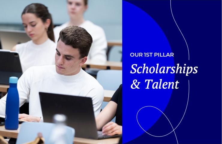 A promotional graphic featuring a student using a laptop in a classroom setting on the left, and text about scholarships and talent on a blue background on the right.
