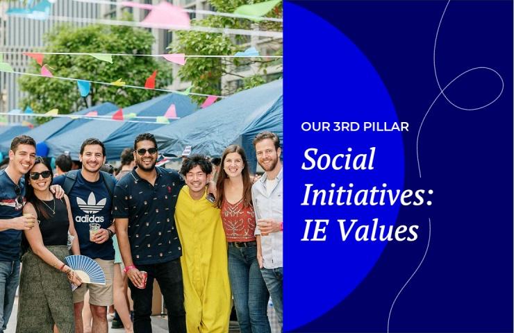 A group of diverse young adults smiling at a social event, with text about 'Social Initiatives: IE Values' on a blue background.