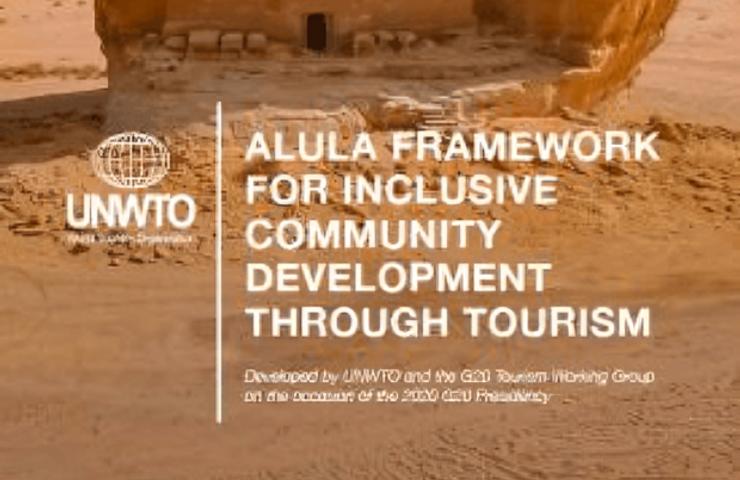 A promotional graphic for the AlUla Framework aimed at community development through tourism.