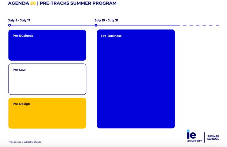 A schedule for the pre-tracks summer program at IE University.