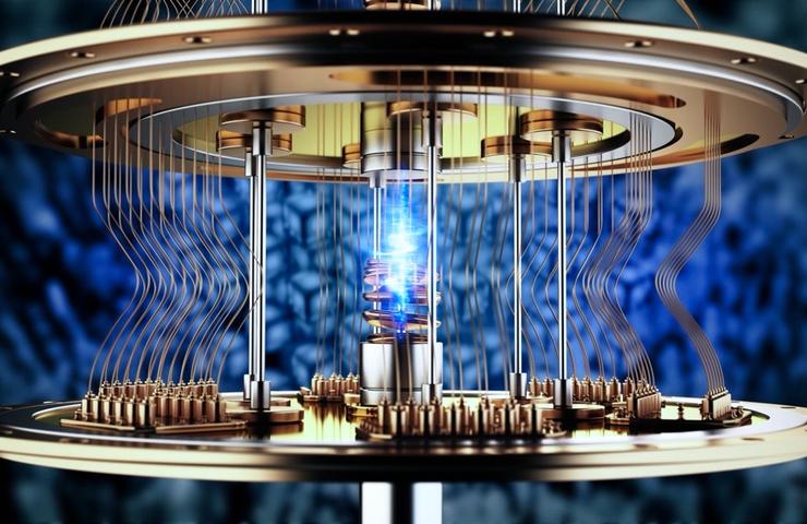A futuristic quantum computer with glowing components and intricate circuitry.