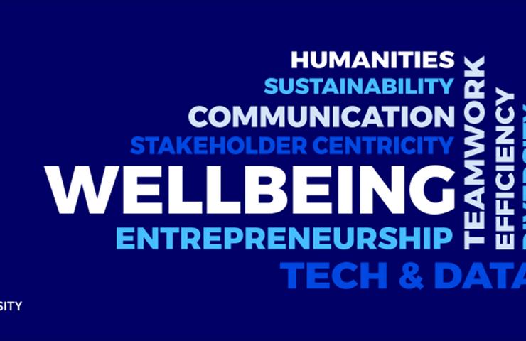 A visually engaging representation of keywords related to wellbeing and various competencies in a university setting.