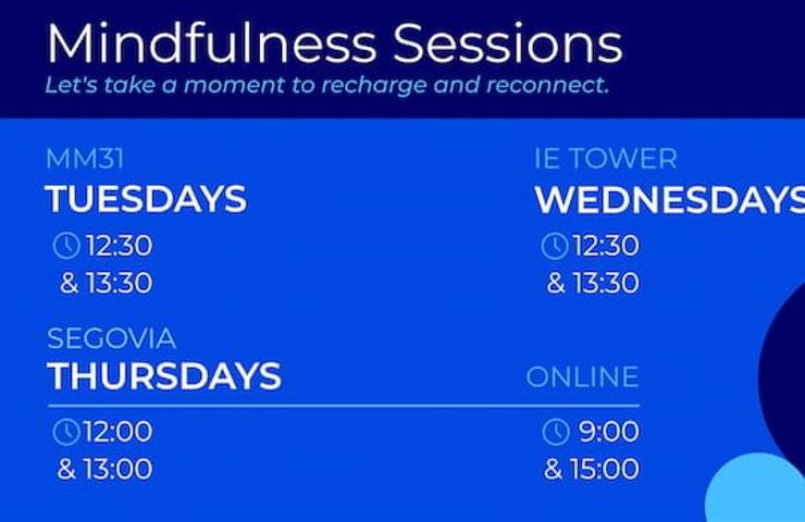 A promotional image for Mindfulness Sessions listing session times and locations for different weekdays.