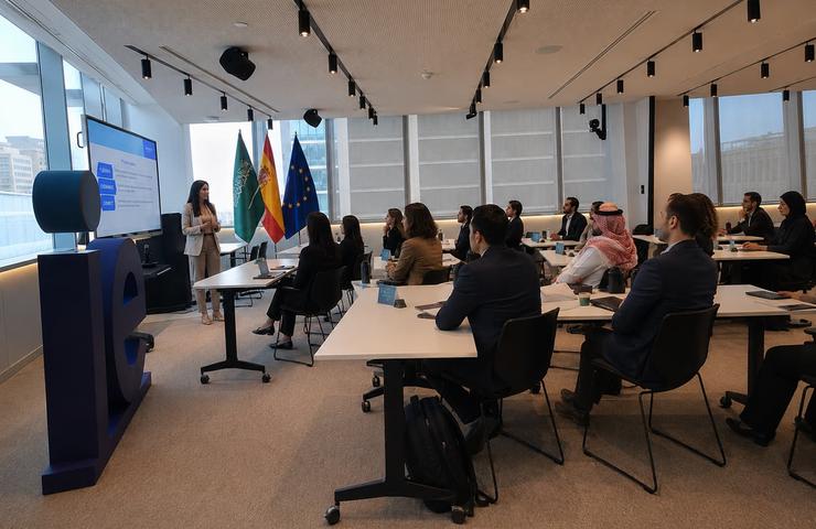 A business presentation is taking place in a modern conference room.