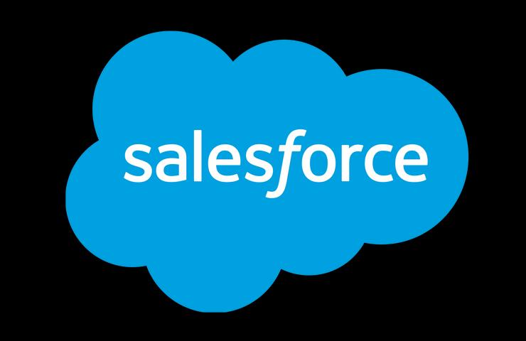 This is the logo of Salesforce depicted in white text on a cloud-shaped blue background.