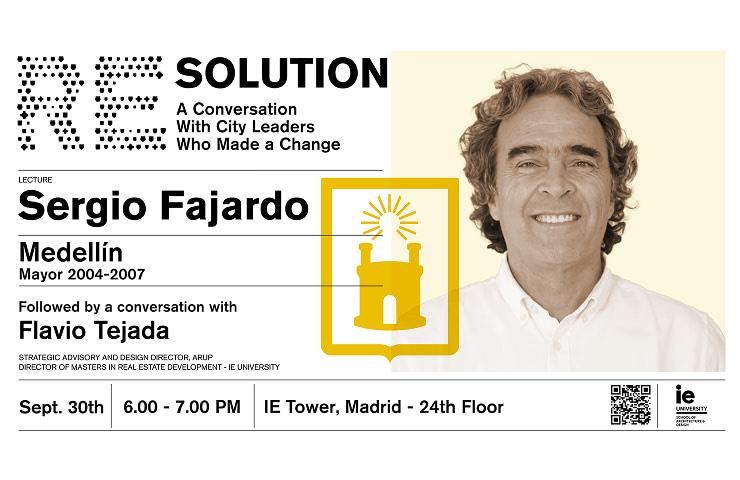 This image is a promotional poster for a conversation featuring Sergio Fajardo, the former mayor of Medellín.