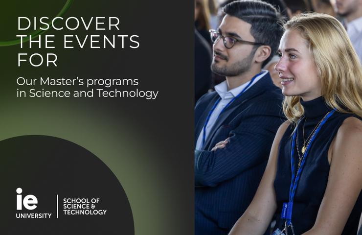 A group of students listening attentively during an event about Master's programs in Science and Technology.