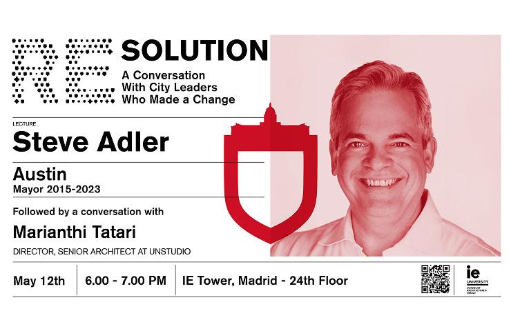 The image features an event announcement for a conversation with Steve Adler, the former mayor of Austin.