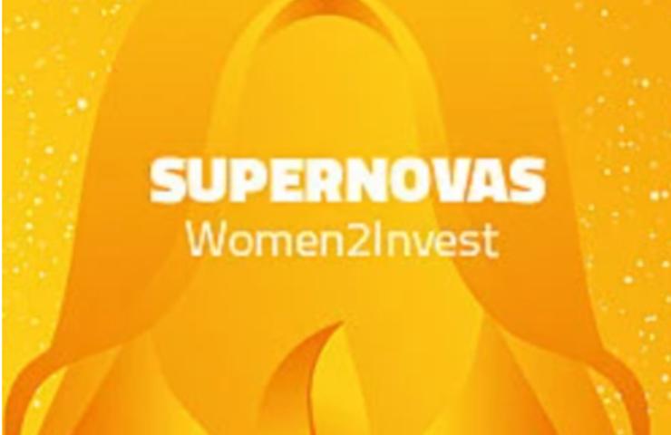 Graphic design featuring a stylized female silhouette with flowing hair on a vibrant orange background, highlighted by the text 'SUPERNOVAS Women2Invest'.
