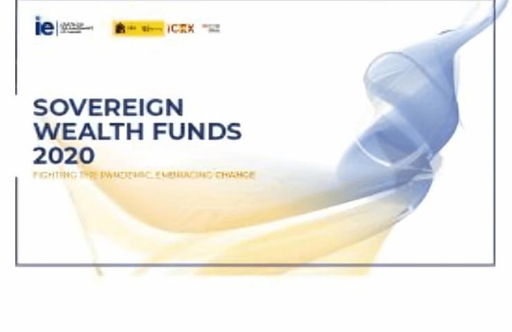 A graphic design featuring the title 'Sovereign Wealth Funds 2020' with a flowing abstract background.