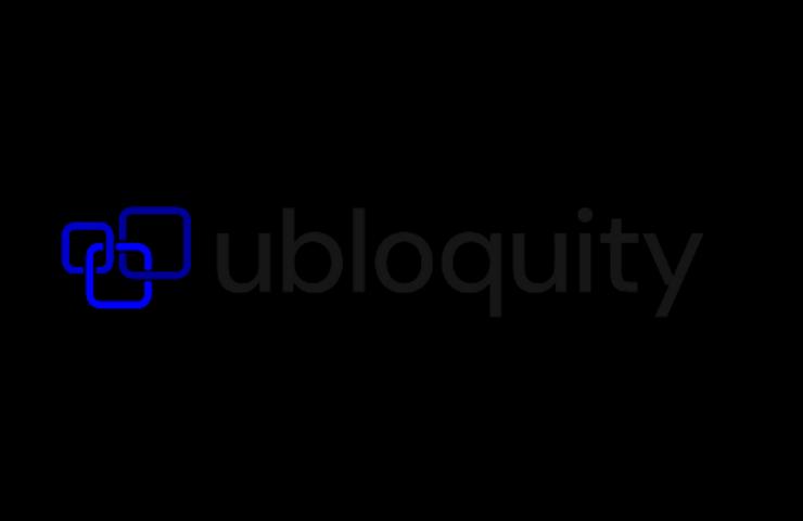 A minimalist black background with the word 'ubloquity' in lower case blue neon font, accompanied by a stylized blue neon icon depicting linked shapes.