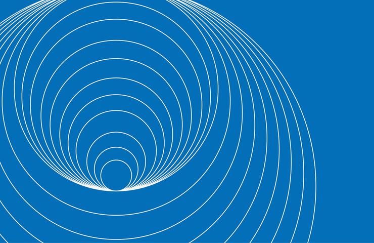 The image features concentric white circles on a blue background creating a sense of depth.