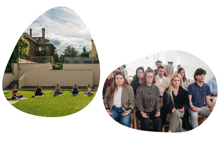A peaceful outdoor meditation scene on the left and a serene indoor meditation group on the right.