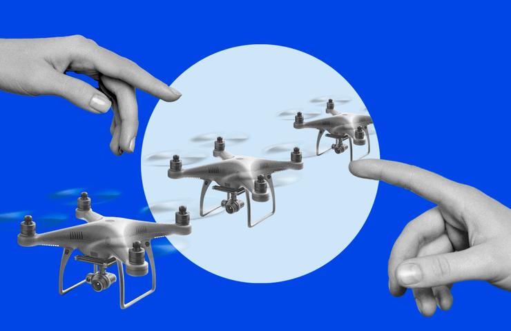 A creative depiction of hands reaching towards hovering drones against a blue background.