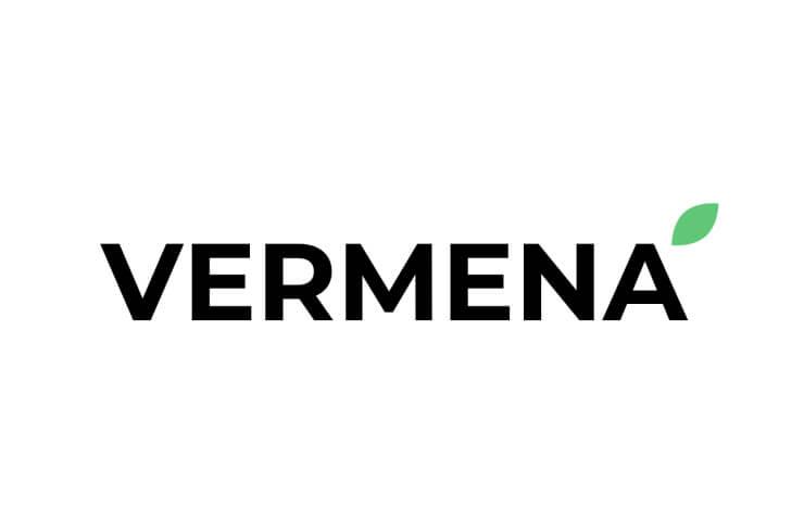 A logo of the word 'VERMENA' in black lettering with a green leaf on the letter 'A'.