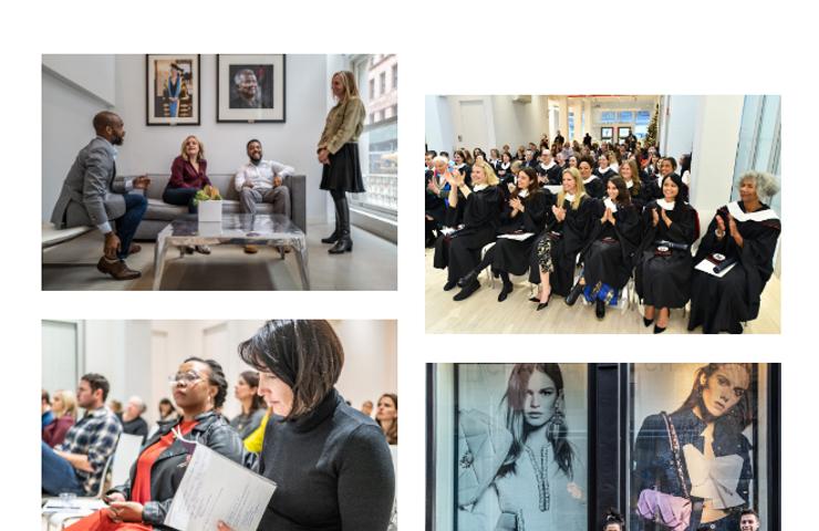 A collage of various groups of people in different settings including a meeting, a lecture, a group photo, and a street scene.