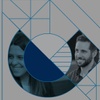 A graphic design featuring two overlapping circular portraits of a smiling woman and a man on a background of geometric shapes.