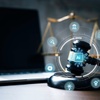 A digital gavel surrounded by technology icons representing artificial intelligence in a legal context.