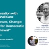 A promotional poster for a conversation with Marshall Ganz on democratic renewal.