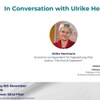 Promotional poster for an event titled 'In Conversation with Ulrike Herrmann', featuring speaker Ulrike Herrmann and moderator Mitchell Becher, scheduled for the 8th November at IE Tower.