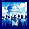Illustration of a group of people in business attire looking towards a large domed building, promoting AI for democratic ecosystems.