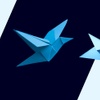 The image features two blue origami birds set against a contrasting background.