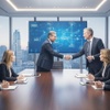 Two business professionals shake hands in a modern conference room with a city view.