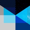An abstract geometric composition with contrasting colors and textures, featuring blue and black tones.