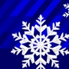 A graphic featuring white snowflakes on a blue background with diagonal stripes.