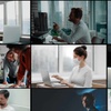 A collage of various professionals in office environments engaging in different activities such as discussing, working on computers, and brainstorming.