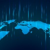 A digital blue world map with falling light rain effects symbolizing global connectivity or data flow.
