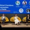 Five panelists are participating in a discussion titled 'AI's Ethical Frontiers: A Conversation across Fields' at a conference.