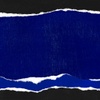 An abstract artwork featuring a jagged, torn edge of blue paper against a black background.
