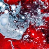 An abstract image featuring swirling red and blue colors with intricate textures and patterns.