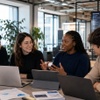 A group of four professionals discussing ideas around a table in a modern office environment.