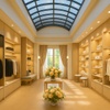 A stylish boutique interior featuring neatly arranged clothing and a floral centerpiece.