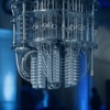 A sophisticated quantum computer showcased in a modern setting.