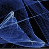 An abstract design featuring flowing blue lines on a black background.