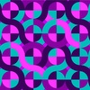 A geometric pattern consisting of overlapping circles in shades of purple, pink, and turquoise on a dark background.