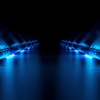 A futuristic corridor illuminated by blue lights against a dark background.