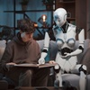 A young person is reading a book while a humanoid robot assists them.
