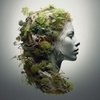 An artistic representation of a female head profile, covered and blended with various types of greenery and moss.