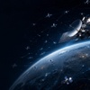 A satellite orbits Earth, surrounded by a network of smaller satellites and communication lines.