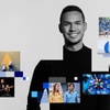 Collage of a smiling man overlaid with various images including people, sports, and music, set against a grey background decorated with blue geometric shapes.