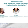 Advertisement for a panel discussion at IE University on US election results and their global implications, featuring three professors.