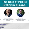 A promotional image for an event on public policy in Europe featuring four speakers.