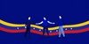 Three people are interacting against a background featuring the colors of the Venezuelan flag.