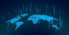 A digital blue world map with falling light rain effects symbolizing global connectivity or data flow.