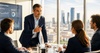 A business leader gives a presentation to a team in a modern conference room with a city skyline in the background.