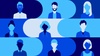 Illustration of multiple stylized people with varying hairstyles and outfits set against a blue background.